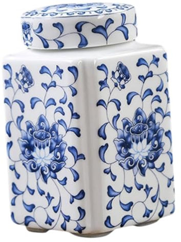 Vaguelly Tarro Para Té De Cerámica Azul y Blanco Estilo Vintage, Mediano, Recipiente Hermético Tapa, Almacenamiento Multifuncional Para Cocina y Hogar