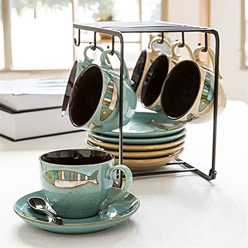SdaryWare Kaffeetasse, Keramik-Kaffeetasse, 6 OZ-Tassen und 6 Untertassen mit 6 Löffeln und Kaffeeständer, ausgefallene Teetassen, Blumenteetasse, Teesets