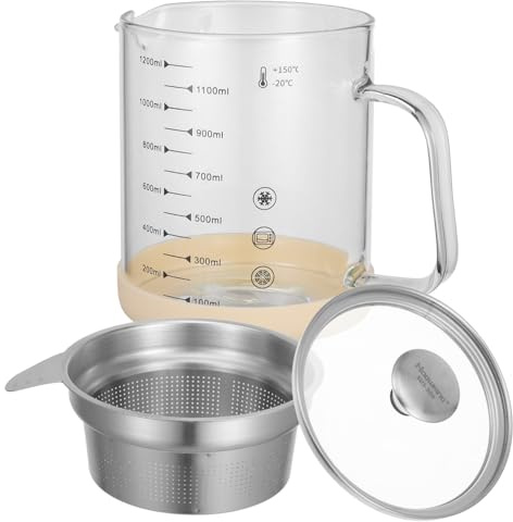 WATIIFUFU 1200ml Grease Separator Jug for Kitchen, Glass and Stainless Steel Strainer for Juices and Gravies, Easy-Clean Oil Separator with Stable Design