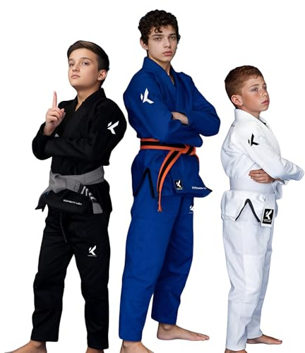 KOMBAT USA Youth Little Master GI, IBJJF Approved BJJ Gi for Kids, Ultra-Light Preshrunk Brazilian Jiu Jitsu Uniform (White, K2)