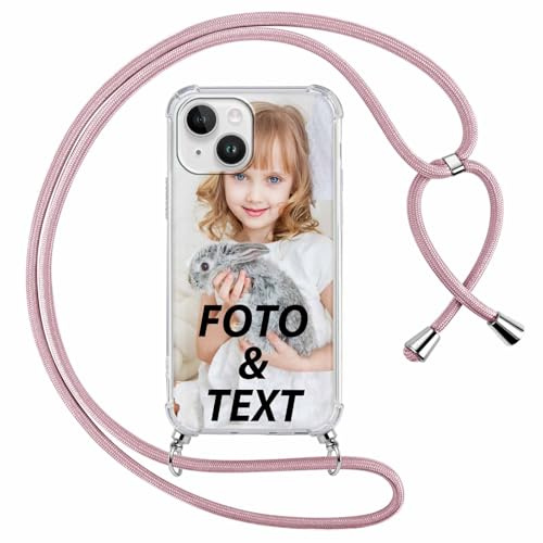 Xylota Personalisierte Handykette Handyhülle für iPhone 15 mit Band, Personalisiert Hülle mit Selbst Gestalten Bild Text Foto, Individuelle Design Dunkelrosa Silikon Schutzhülle für iPhone 15 6,1''
