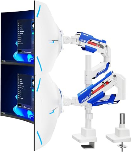 ARES WING Monitor Halterung 2 Monitore mit Stange, Weiß | übereinander für 24-57 Zoll Bildschirme, bis zu 27/22 kg, Bildschirmhalterung 2 Monitore Höhenverstellbar, VESA 75/100/200