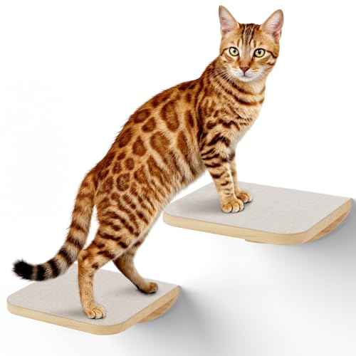 Katzen Kletterwand, Katzenleiter 2er-Set mit Kratzmatte, Wandmontiertes Kiefernholz Katzentreppe Wand für Klettern/Spielen