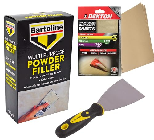 Multi Purpose Wood & Wall Filler Powder 450g Bundle – All Purpose Filler for Walls, Brick, Stone & Plaster with 3 Scraper & Sandpaper – Easy to Mix & Sand, Smooth Finish, DIY & Home Repairs
