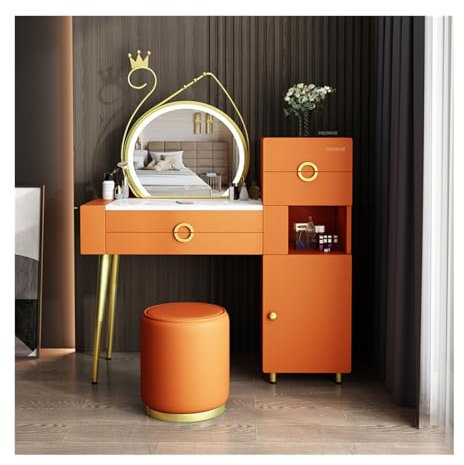 NexaGeniX Tavolo Trucco Grande scrivania da toeletta con cassetti, specchi e sgabelli, Set da toeletta Moderno con armadietto, toeletta da Trucco for Camera da Letto Toilette con Specchio(Orange)