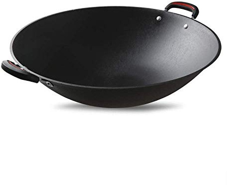 CAFIEDR Padella Wok in ghisa, pentola in ghisa Vintage, Spessa, Doppia, Non Rivestita, Fondo Tondo, Antiaderente, pentola per Uso Domestico, Wok Infinito, 38 cm