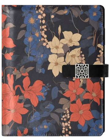 KLL leather lined composition notebook college ruled notebook for travelling delicate Retro Clematis Flowers Blue Red 6.7×9.2 inches
