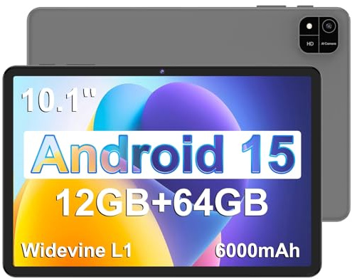 COLORROOM-Android 15 Tablet 10.1 Inch, 12GB RAM+64GB ROM/+2TB Expandable, 1.8GHz,1280x800 Resolution,6000mAh Battery, 5G WiFi,BT 5.0,Widevine L1-Black