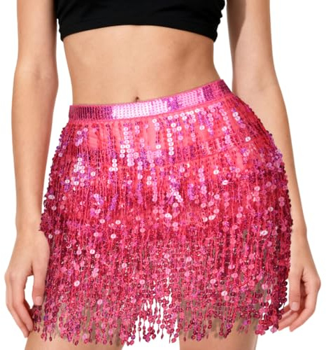 AYBUY Jupe à Paillettes pour Femme, Costume de Danse du Ventre Mini jupes à Franges, Écharpe de Hanches Festive, Jupe Costume Rave pour Party Dancewear, Rose Rouge
