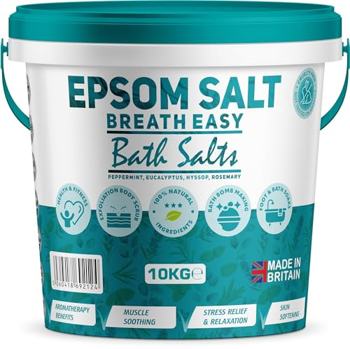 Scented Epsom Bath Salts 10kg Infused with Breath Easy Essential Oil, 100% Natural Mineral Salts - Supports Sleep and Relieves Aching Muscles Magnesium Sulphate Foot Soak Bath Epsom Salt