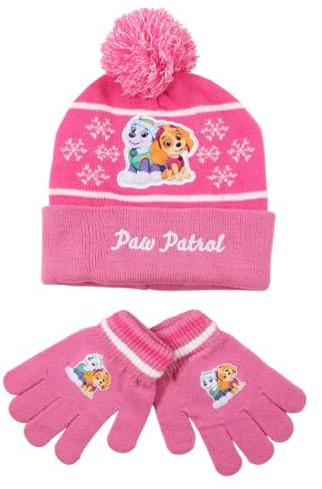 Disney Frozen & Paw Patrol, set invernale da ragazza, berretto con pompon + guanti, licenza ufficiale, set caldo per bambini da 3 a 8 anni, Colore: rosa., Taglia Unica