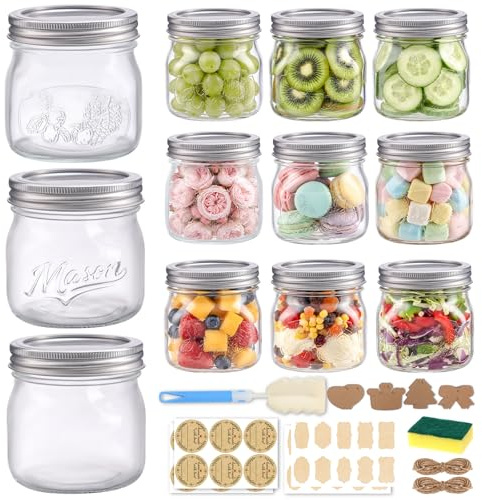 BIGIVACA 16 oz Wide Mouth Mason Jars, 12 Pack Canning Jars with Embossed Fruit Pattern, Glass Jars for Food Storage, Preserving, Pickling, Meal Prep, DIY Crafts and Home Decor