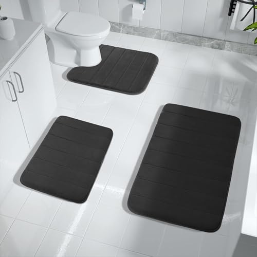 BUERPINKING Badmatta halkfri tvättbar, badrumsmatta set 3 delar badrumsmattor, mjuk minnesbadmatta set och U-formad WC matta för dusch, badkar och toalett
