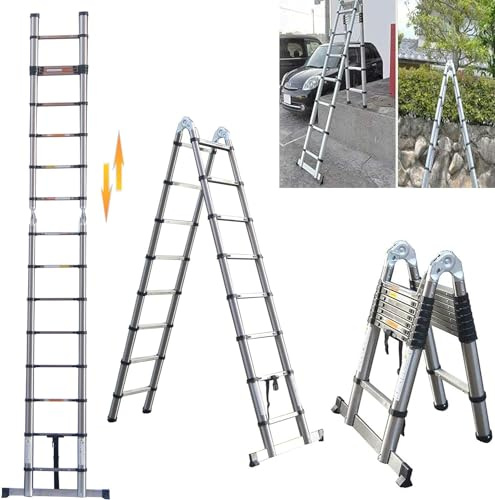 Escalera telescópica plegable de 5 m con estabilizador, 2,5 m + 2,5 m, marco A, escalera multifunción, escalera extensible, portátil, diseño telescópico, escalera doméstica antideslizante, capacidad