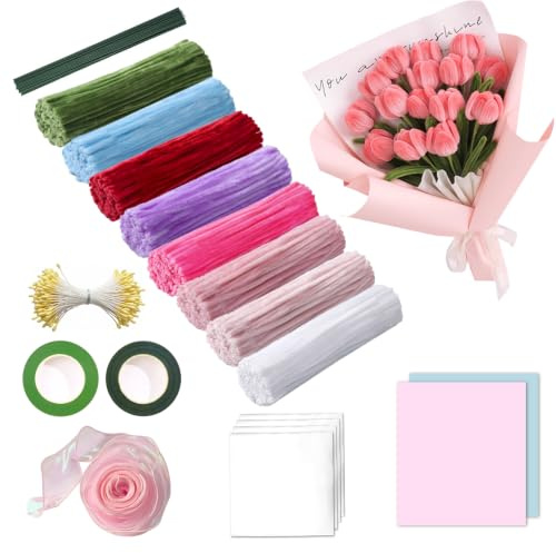 LIBAXIN 800 Stück Pfeifenreiniger Blumen Set,8 Farben Pfeifenreiniger Blumen zum Basteln,mit grünenBlumenstäbchen,Klebebandrollen,Klebestiften,Blumenstraußverpackungen,Bändern,Staubblättern usw