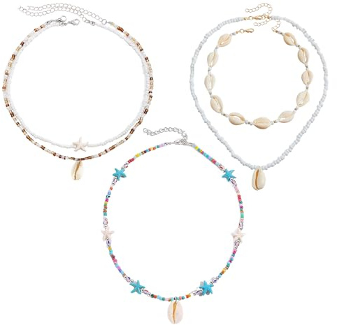 MENUY 3 Stück Muschelkette Set, Muschelkette Damen, Mehrlagige Muschel Kette, Verstellbares Hakendesign, Halskette im Bohemian Stil, Geeignet für Sommerstrände, Urlaub, Surfen und Partys