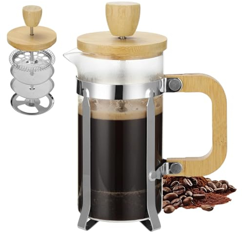 Toyosport French Press Coffee Maker, 12 oz Thick Borosilicate Glass Tea Brewing Pot with Stainless Steel Filter and Wood Handle, Coffee Press for Home Office Travel