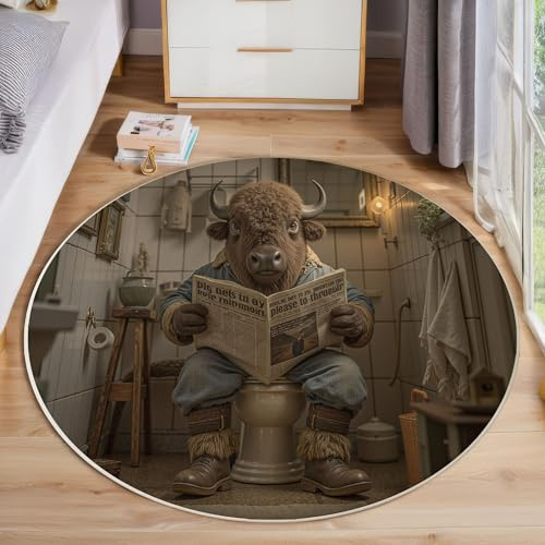 MIATCENRT Tappeto Rotondo Animale Vintage per Soggiorno, Lavabile in Lavatrice, Antiscivolo Pelo Corto Non Perde Pelo | Tappeti Toilette Bisonte per Camera da Letto, 80cm, Marrone