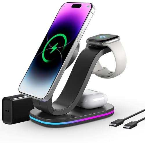 LDOPTO 3 in 1 Wireless Charging Station, 15W Charger Station, Black, Qi-Certified for iPhone 17/16/15/14/13/12 Series, iWatch, Airpods, and iPad, 35W Charger Included