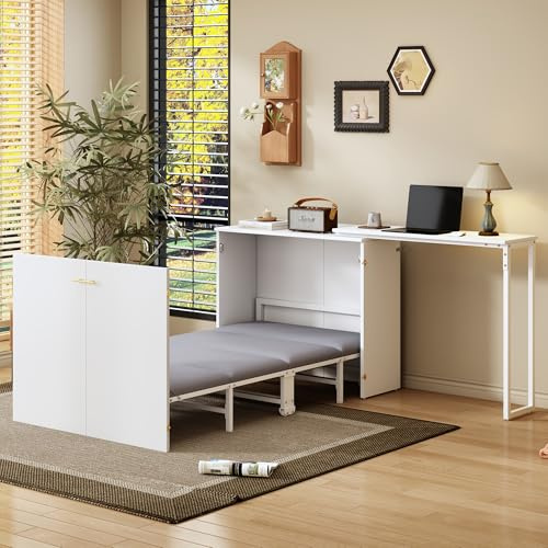 WIZBED Schrankbett 90x200- Wandbett mit Matratze und Lattenrost - Klappbett mit drehbarem Schreibtisch - Wandklappbett - Murphy Bed - Bettschrank, Jugendbett, Weiß