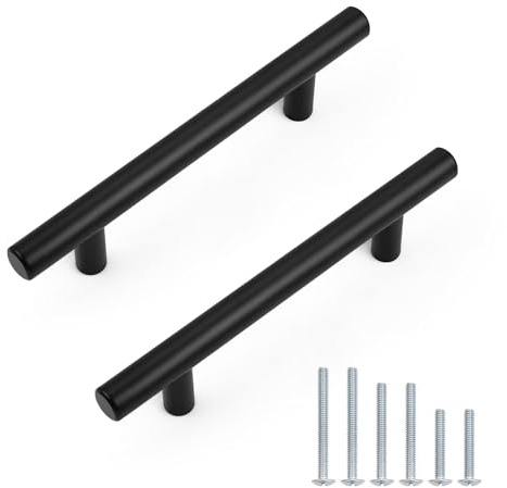 Probrico 30 Pack Hole Centers 3-3/4inch Matte Black Kitchen Cabinet Handles, Stainless Steel Dresser Drawer Pulls, Modern T Bar 6inch Length Pull Handle for Closet
