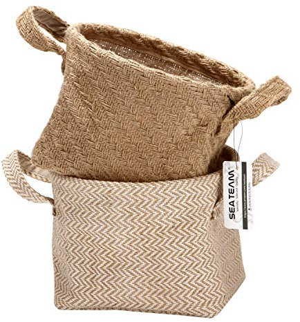 Sea Team 2 Pack Jute Cotton Storage Basket Foldable Storage Basket with Handle Decorative for Home Toiletries Toys Jewelry (Beige, 14 x 17 x 16 cm)
