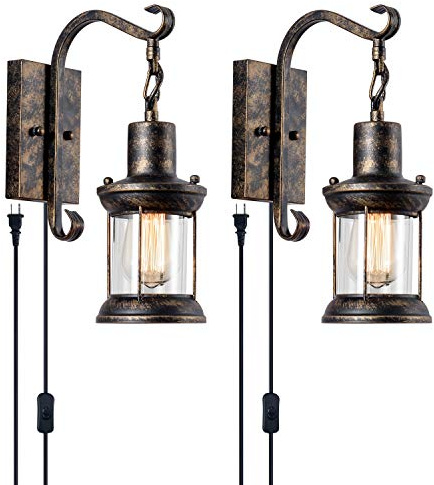 GLADFRESIT Rustic Wall Lamps, Lantern Wall Sconce Plug in Oil Rubbed Bronze Antique Wall Sconce Fixtures Farmhouse Interior Wall Lighting for Bedroom Bathroom Living Room Café (2 Pack)