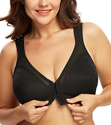 DotVol Women's Full Figure Front Closure Wirefree Jacquard Back Support Posture Bra(Black,40D)
