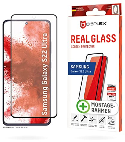 Displex Full Cover Panzerglas (10H) für Samsung Galaxy S22 Ultra, Eco-Montagerahmen, volle Displayabdeckung, Tempered Glas, kratzer-resistente Schutzfolie, hüllenfreundlich