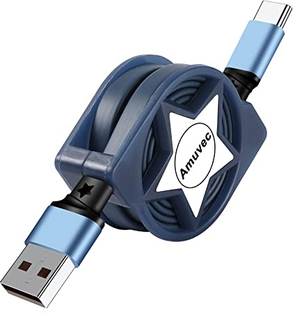 Amuvec Retractable USB C Cable, 3A QC 3.0 Fast Charging Type C Cord 1M | USB A to C lead. Pull both ends. 3A fast charge and 480Mbps sync. Fits iPhone 17/16/15, Samsung Galaxy, iPad, PS5, Switch.
