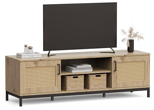 Vonhaus TV Stand - Rattan Effect TV Unit for Living Room | Scandi Style Light Wood Effect TV Cabinet for up to 60 - 2 Internal Storage Compartments & 2 Open Shelves - Lena