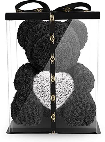 NADIR Orsetto di rose con scatola regalo, regalo di compleanno per donne, regalo per la fidanzata per compleanno, anniversario, orsacchiotto di rose, regalo per anniversario di matrimonio (nero, 70 cm