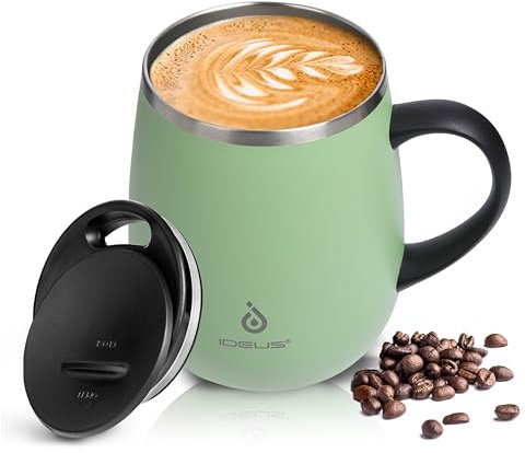 Ideus 16 oz Insulated Coffee Mug with Handle and Lid, Double Wall Stainless Steel Vacuum Insulated Tumbler Cup, Travel Coffee Cup Thermal Cup for Home Office (Green)