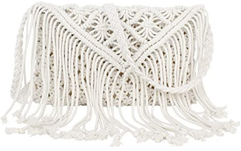 MEGAUK Damen Handgefertigte Crossbody Schultertasche Fransentasche Strohtasche Umhängetasche mit Fransen Quasten Stroh gewebte Strandtasche für Urlaub Am Meer