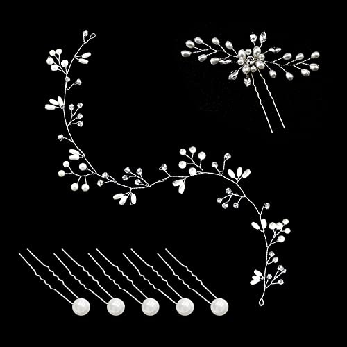 50 cm Rebe Stirnband mit 1 Strass Blume Haarnadel und 5 U-förmigen Perlen Clip Rebe Kristall Braut Haarschmuck Brautschmuck Brautschmuck (Silber)
