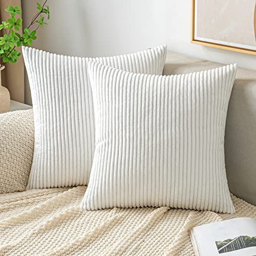 EMEMA Kissenbezug 50x50 Kordsamt Kissenbezüge Reines Weiß Dekokissen | Sofakissen Cord Kissenhülle Zierkissenbezug Kord Dekorative Weiche für Sofa Wohnzimmer Schlafzimmer 2er Set