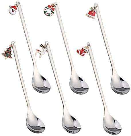 6 X Weihnachtslöffel mit Geschenkbox, Edelstahl, Kaffeelöffel mit Ornament, Rührlöffel, Eislöffel, Dessertlöffel, Teelöffel für Partydekoration, Gold (Silber)
