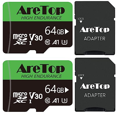AreTop Micro SD Card 64GB 2 Pack, A1 U3 V30 90MB/s for Camera | 4K Full HD video recording, A1 app performance, Uincludes SD adapter for camera/drone/dash cam/phone/Switch