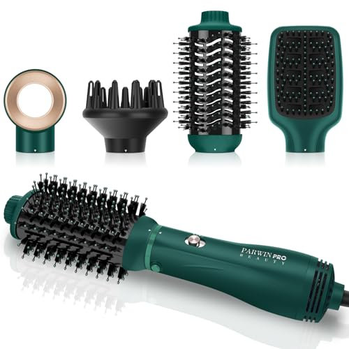Ensemble de Brosse Soufflante 4 en 1, PARWIN PRO BEAUTY Brosse Seche Cheveux, avec 4 Accessoires, pour Sécher, Lisser, Volumiser et Coiffer, Brosse Sèche-Cheveux Ionique,Vert