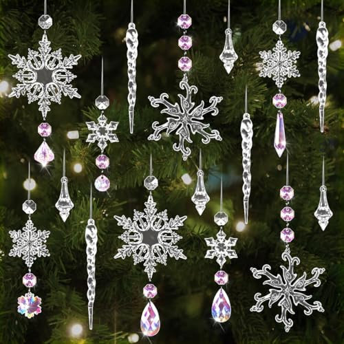 16 Stück Weihnachtsdeko Schneeflocken Eiszapfen Anhänger, Weihnachtsbaumschmuck Kristall Dekorationen, Christbaumschmuck Schneeflocken Deko Acryl, Weihnachtsbaum Deko Set