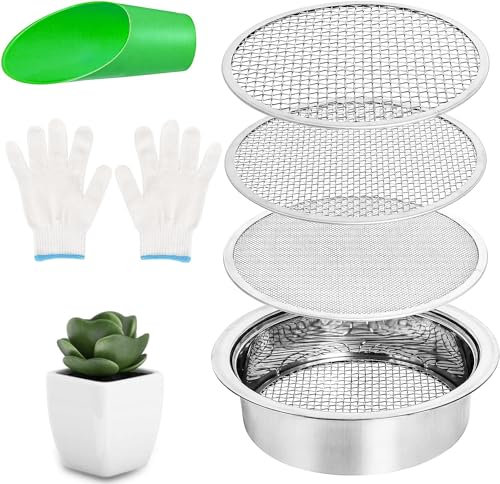 Gartensieb aus Edelstahl, Kompostsieb Rund 24cm mit 3 austauschbare Siebeinsätze Ø 1,4,6 mm + 1 Gartenschaufel+1 Paar Handschuhe für Erde Steine Kompost Sand
