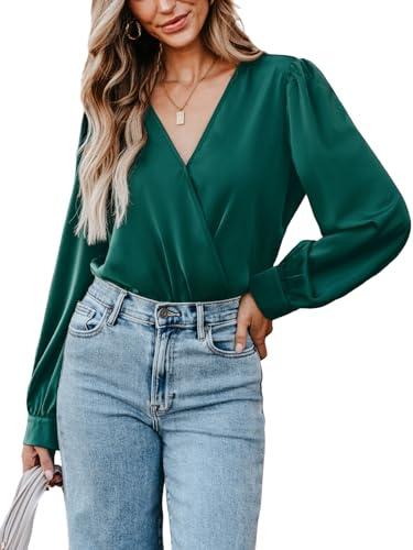 CUPSHE Damen Bodysuit V Ausschnitt Wickeloptik Langarm Raffungen Unterziehbody Bodies Casual Blusenbody Tops Grün M