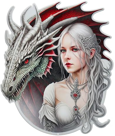 Blechschild Drache & Prinzessin 45 cm - Fantasy Wand Deko Schild XL groß Metallschild Gothic Gothik Relief geprägt