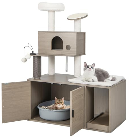 GYMAX Cat Tree with Litter Box Enclosure, All-in-one Cat Tower with Condos, Top Perch, Sisal Posts, Scratching Board, Ramp, Platform & Dangling Balls, Wooden Cat House Furniture (95x55x132cm) | with Top Perch, Sisal Posts, Scratching Board, Ramp, Platform & Dangling Balls, Wooden Cat House Furniture (95x55x132cm)