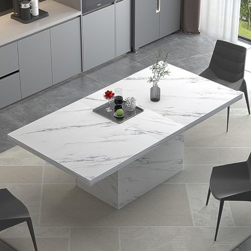 HSH Tavolo da pranzo bianco in marmo sintetico, 180 cm rettangolare, tavolo da pranzo moderno per 6-8 persone, tavolo da cucina lungo in stile fattoria per soggiorno, tavolo da pranzo industriale in