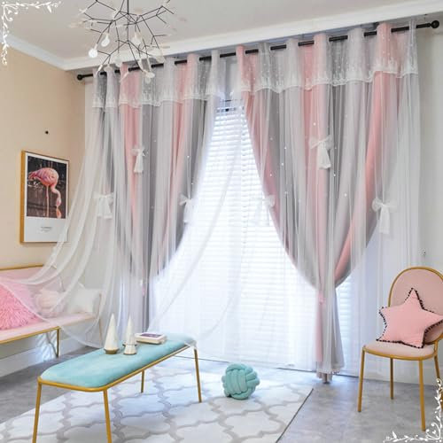 Gualiy Gardinen Blickdicht 2er Set, Verdunkelungsvorhänge Gardine mit Ösen 102x244CM Farbverlauf Doppelschicht Gardine Vorhang Rosa Grau Vorhänge für Fenster