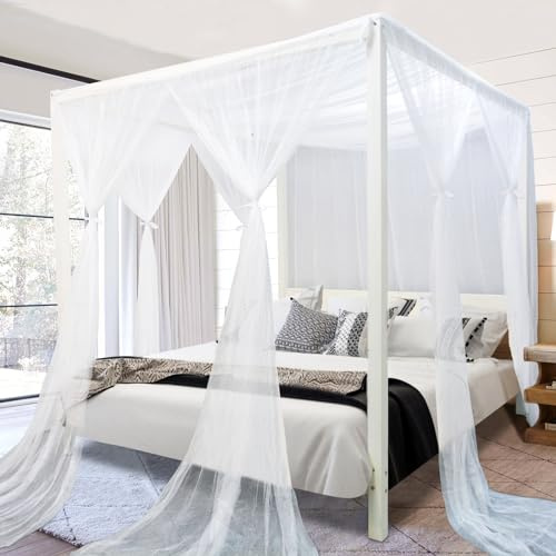 South To East Weiß Betthimmel-Vorhänge, 4 Ecke, Bettüberdachung, Elegante Bettvorhänge für Schlafzimmer-Dekor, 75D-Polyester-Netz, 4 Öffnungen, einfache Installation, Bettvorhang