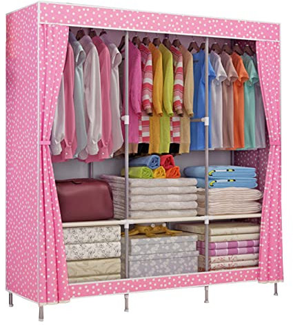Tragbarer Canvas-Kleiderschrank, Stoffschränke mit Kleiderstange, Stoffbezug, Kleiderschrank-Aufbewahrungsorganisator für Kleidung, Schuhe,Rosa-129x45x167cm