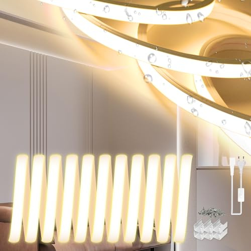 SUCIKORIO Neon LED Streifen 10m, Silikon Wasserdicht Feuerfest IP65 Led Strip Warmweiss 3000K 10mm Led Lichterkette Außen 230V Flexibler DIY Lichtband Aussenbereich mit Netzteil für Haus, Party, Küche