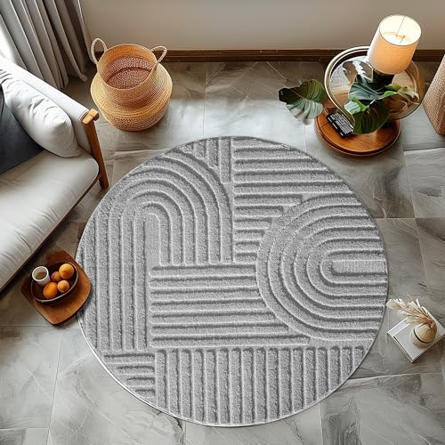 HomebyHome Teppich Rund 80 cm Grau, Hochflor Wohnzimmer Teppich, Weich & Flauschig, Skandinavisch Boho Stil, Langflor Shaggy, Pflegeleicht, Jute Rückseite